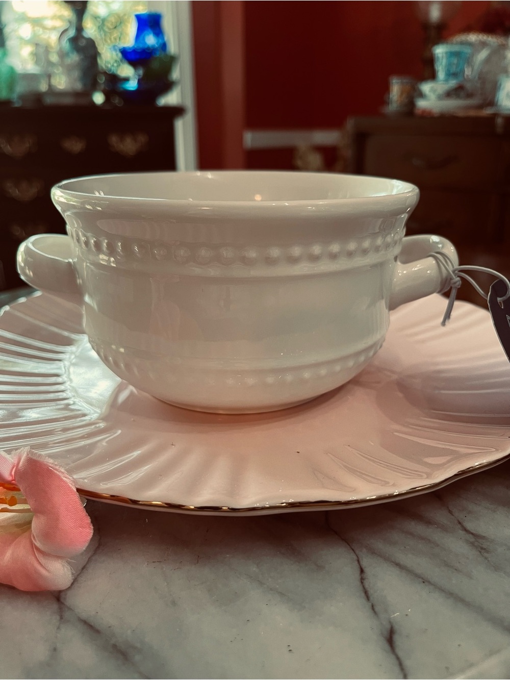 NEW Maison Neuve Handled Soup Bowl 5.7” White Ceramic Ribbed Base